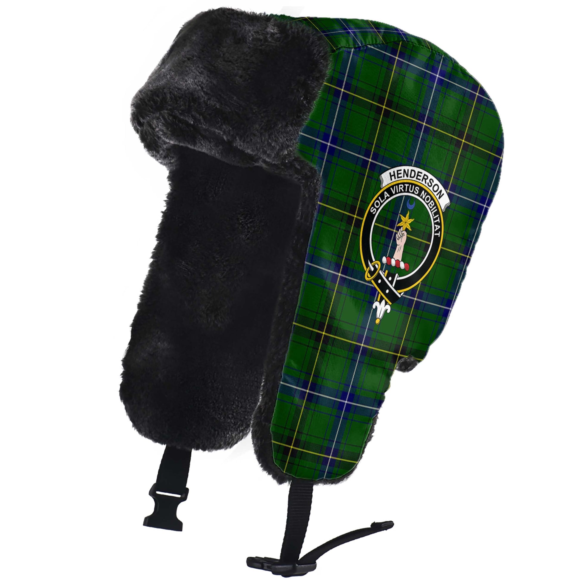 Henderson Modern Tartan Winter Trapper Hat with Family Crest - Tartanvibesclothing