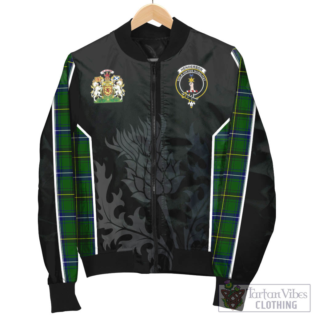 Tartan Vibes Clothing Henderson Modern Tartan Bomber Jacket with Family Crest and Scottish Thistle Vibes Sport Style