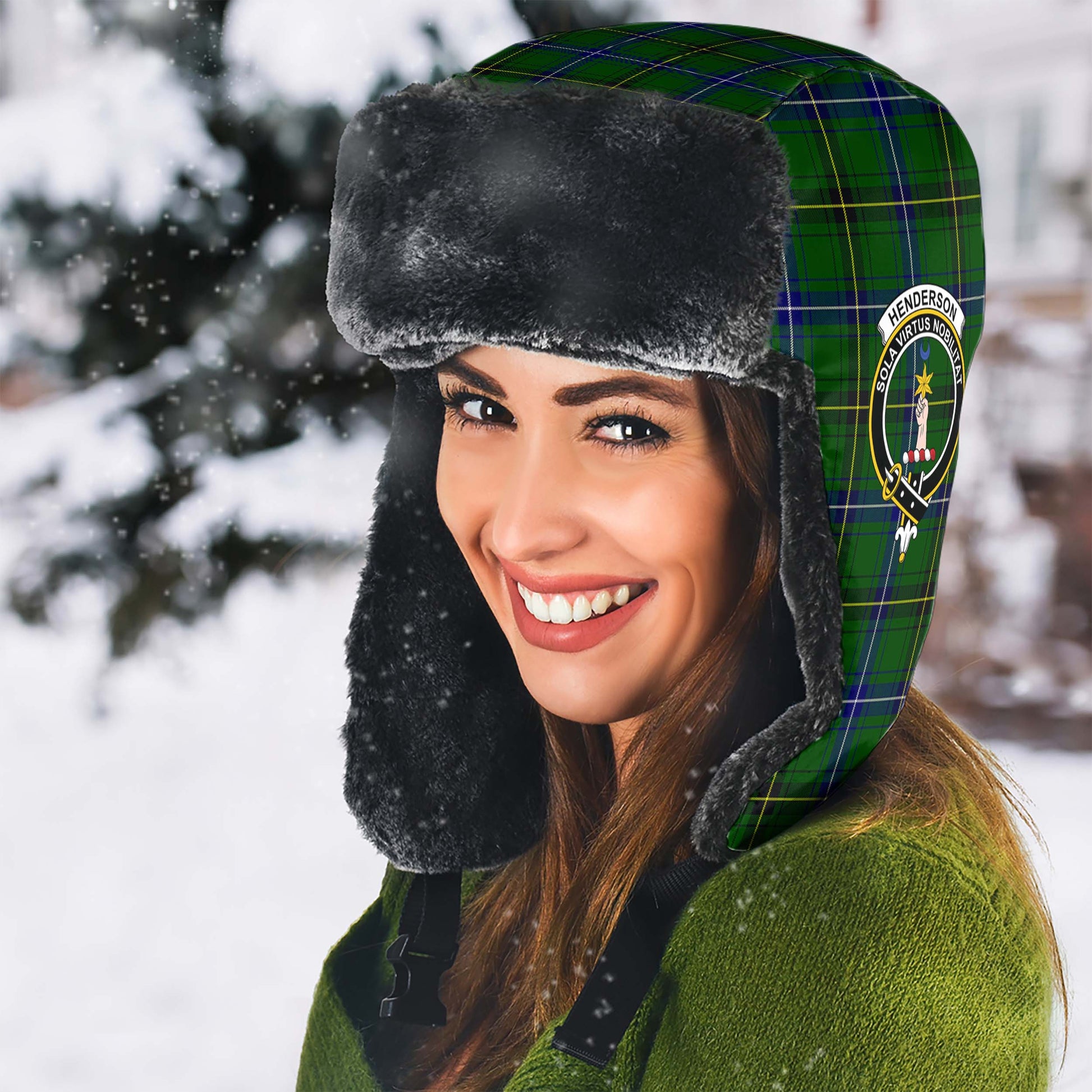 Henderson Modern Tartan Winter Trapper Hat with Family Crest - Tartanvibesclothing