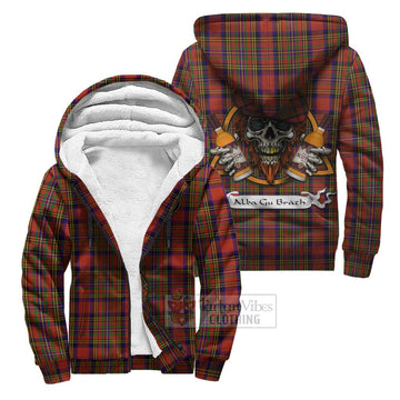 Hepburn Tartan Sherpa Hoodie with Family Crest and Bearded Skull Holding Bottles of Whiskey