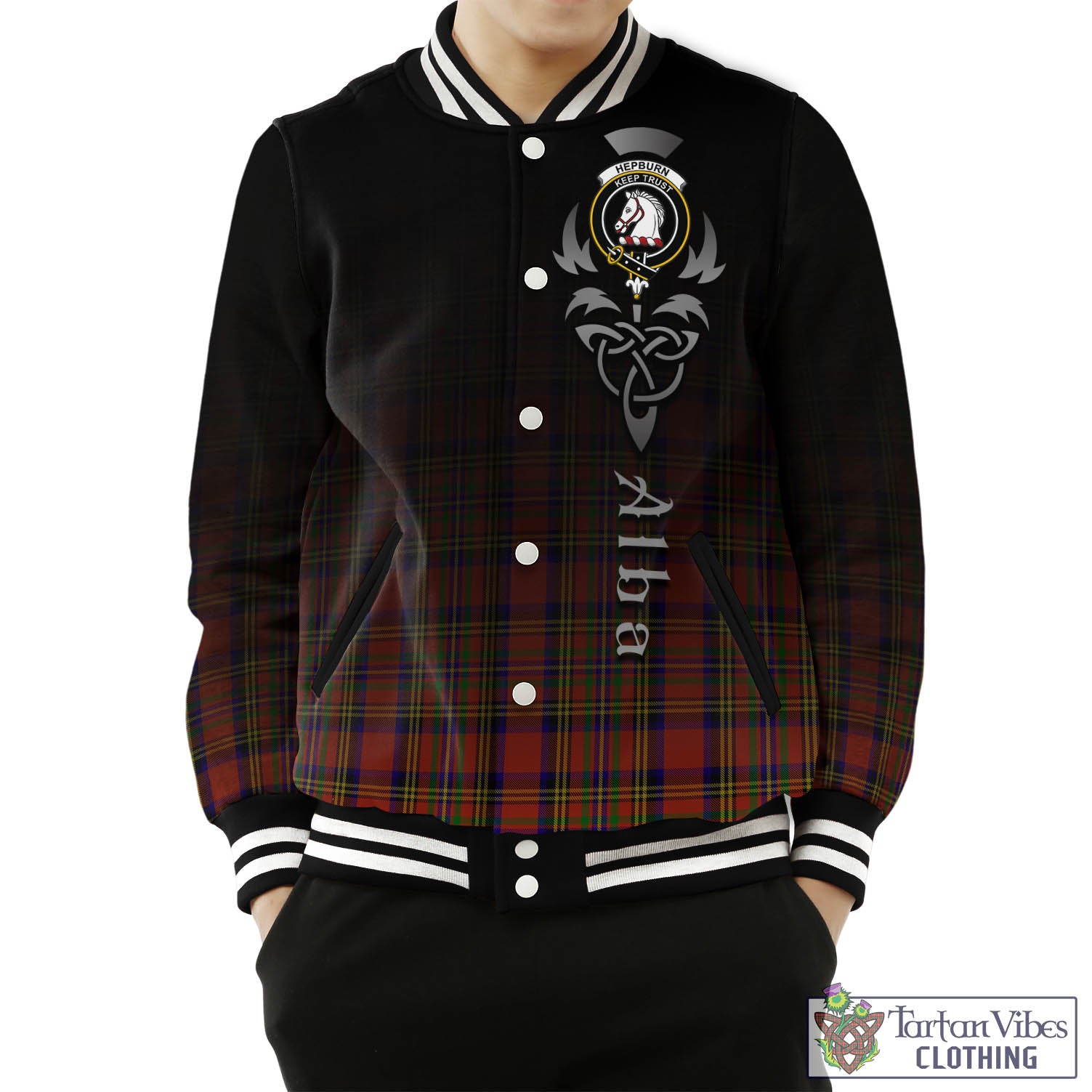 Tartan Vibes Clothing Hepburn Tartan Baseball Jacket Featuring Alba Gu Brath Family Crest Celtic Inspired