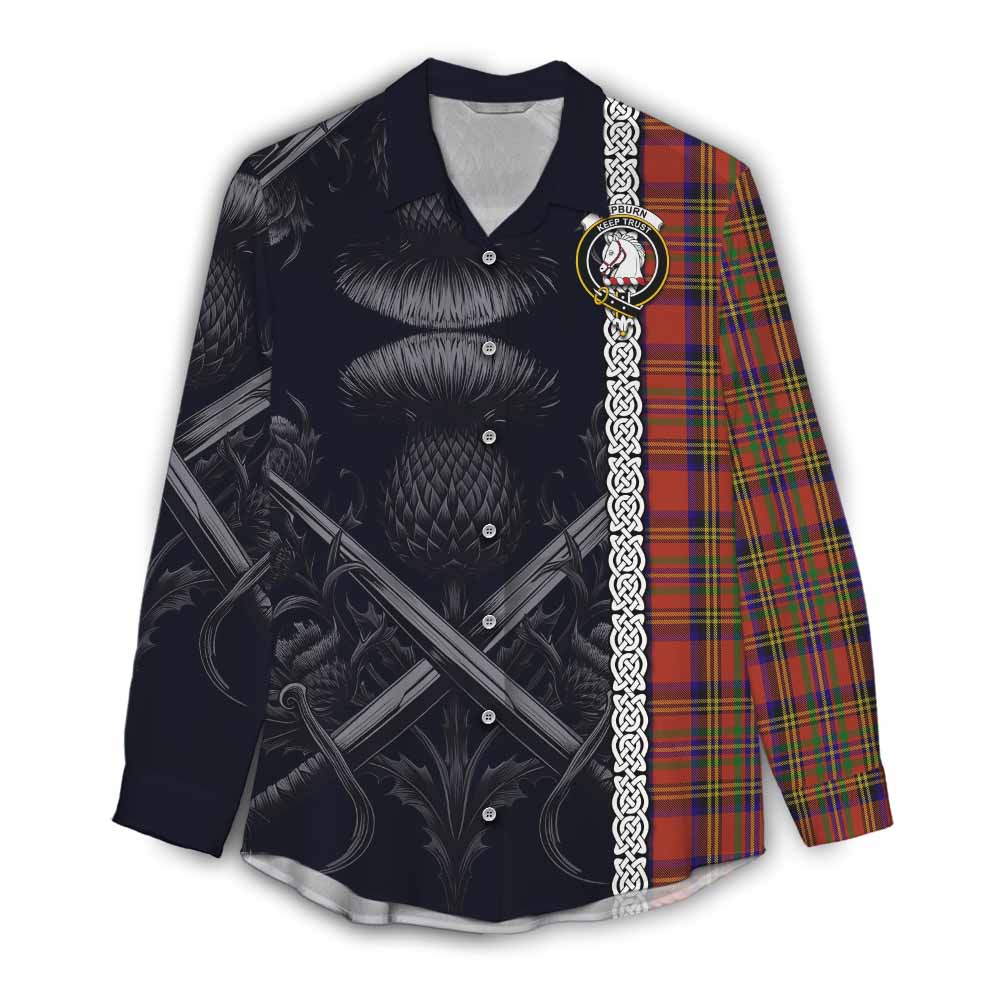 Tartan Vibes Clothing Hepburn Tartan Women's Casual Shirt with Family Crest Cross Sword Thistle Celtic Vibes