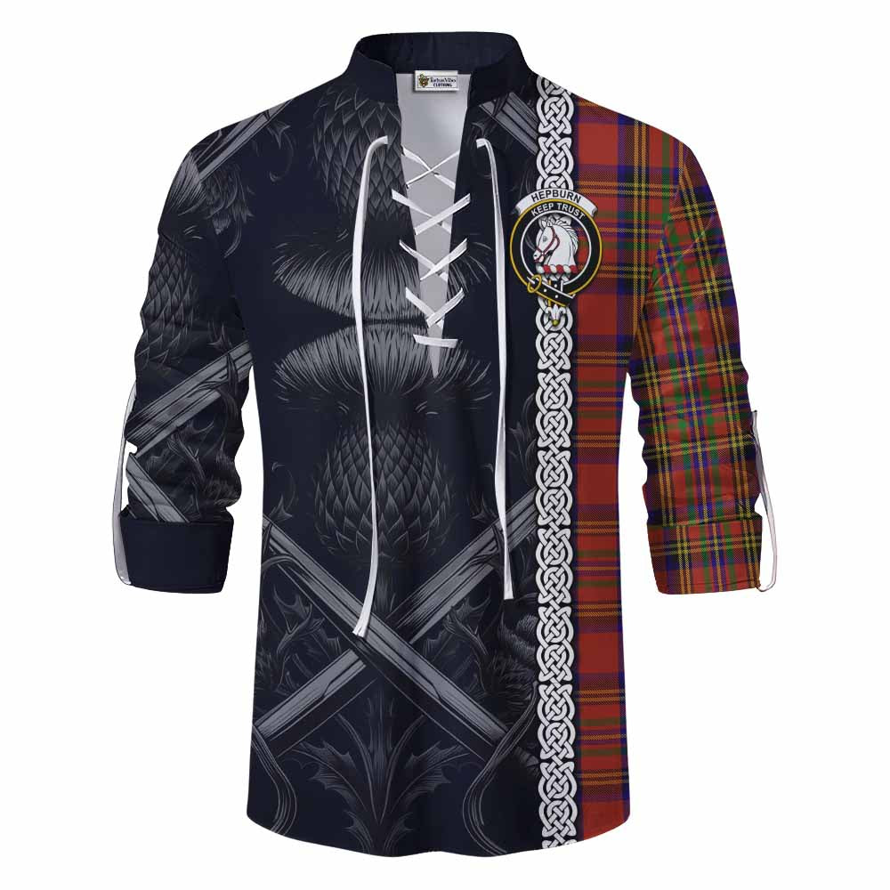 Tartan Vibes Clothing Hepburn Tartan Ghillie Kilt Shirt with Family Crest Cross Sword Thistle Celtic Vibes