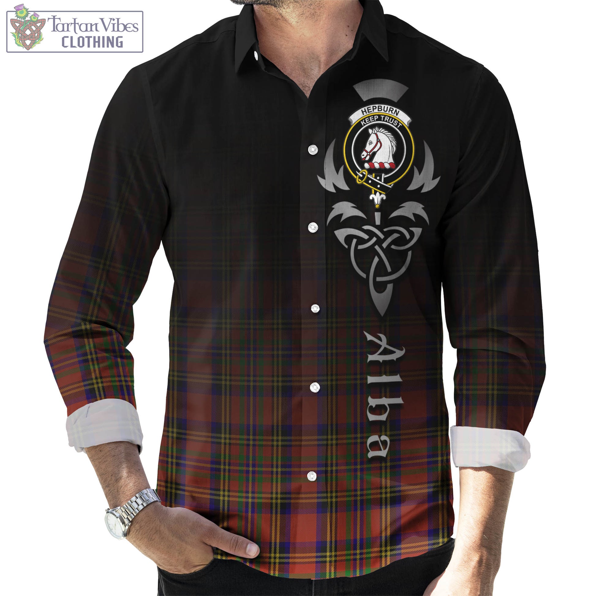 Tartan Vibes Clothing Hepburn Tartan Long Sleeve Button Up Featuring Alba Gu Brath Family Crest Celtic Inspired