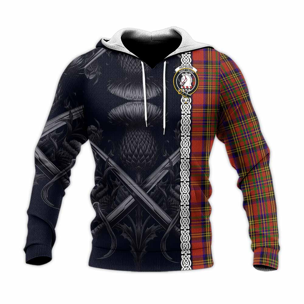 Hepburn Tartan Knitted Hoodie with Family Crest Cross Sword Thistle Celtic Vibes Unisex Knitted Pullover Hoodie - Tartan Vibes Clothing