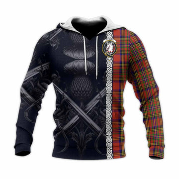 Hepburn Tartan Knitted Hoodie with Family Crest Cross Sword Thistle Celtic Vibes