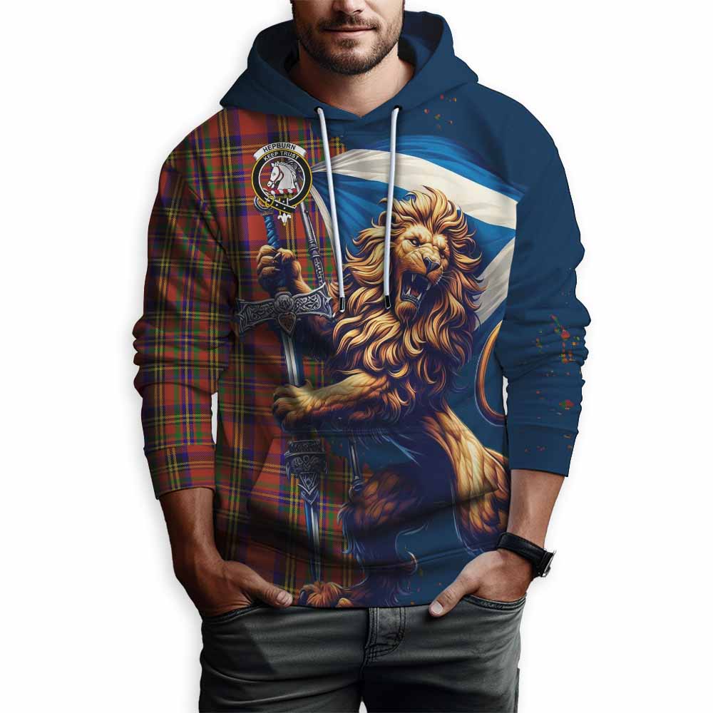 Hepburn Tartan Family Crest Hoodie with Scottish Majestic Lion