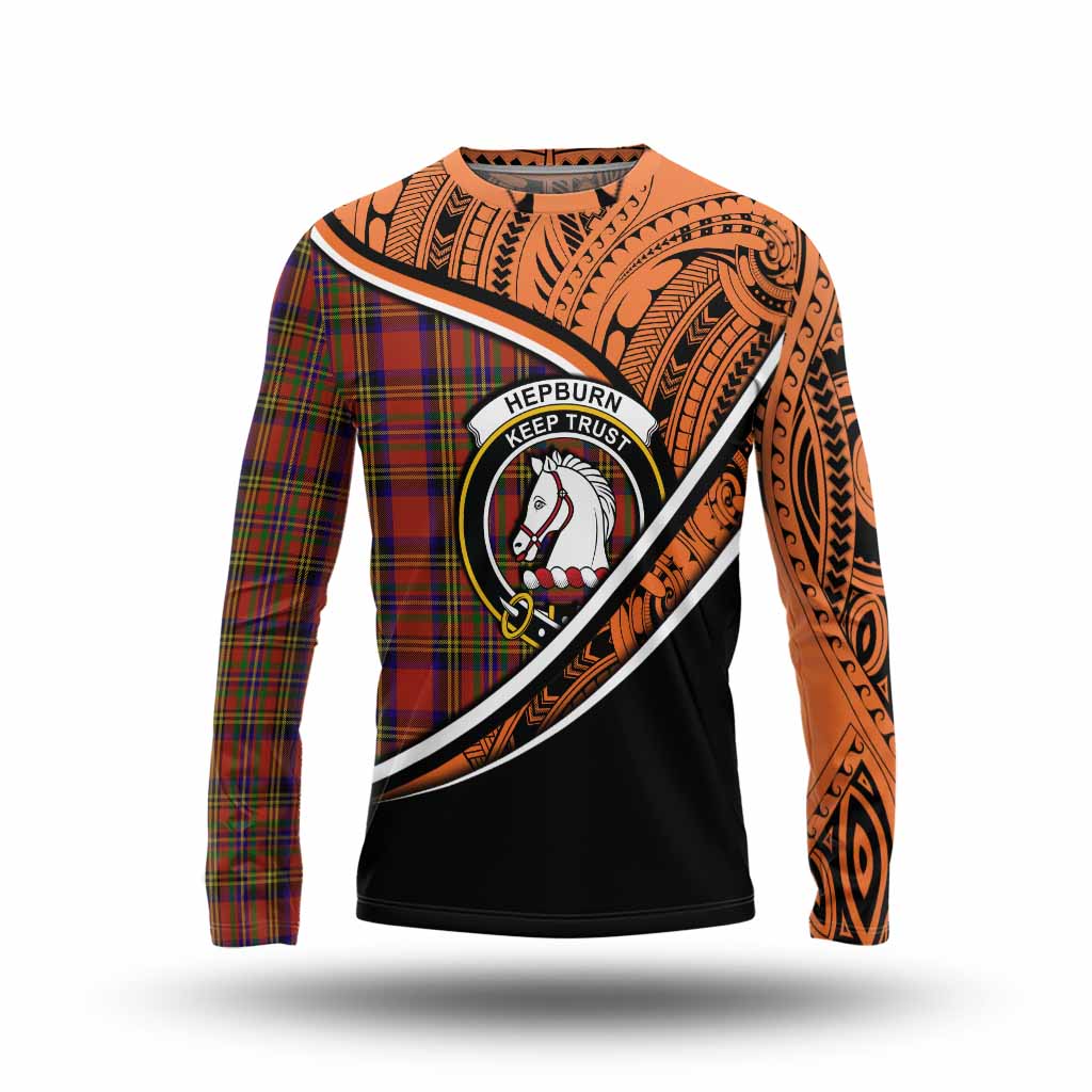 Tartan Vibes Clothing Hepburn Crest Tartan Long Sleeve T-Shirt with Maori Tattoo Style - Orange Version