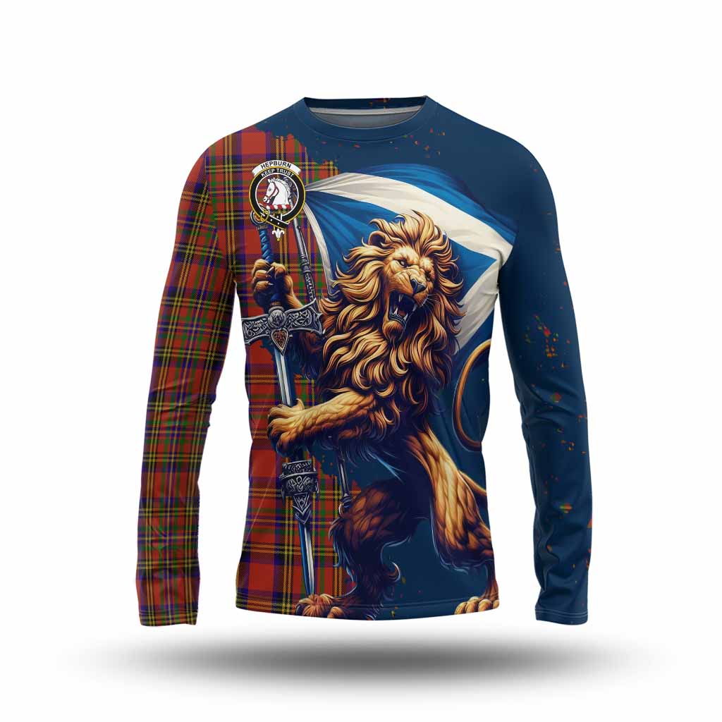 Tartan Vibes Clothing Hepburn Tartan Family Crest Long Sleeve T-Shirt with Scottish Majestic Lion