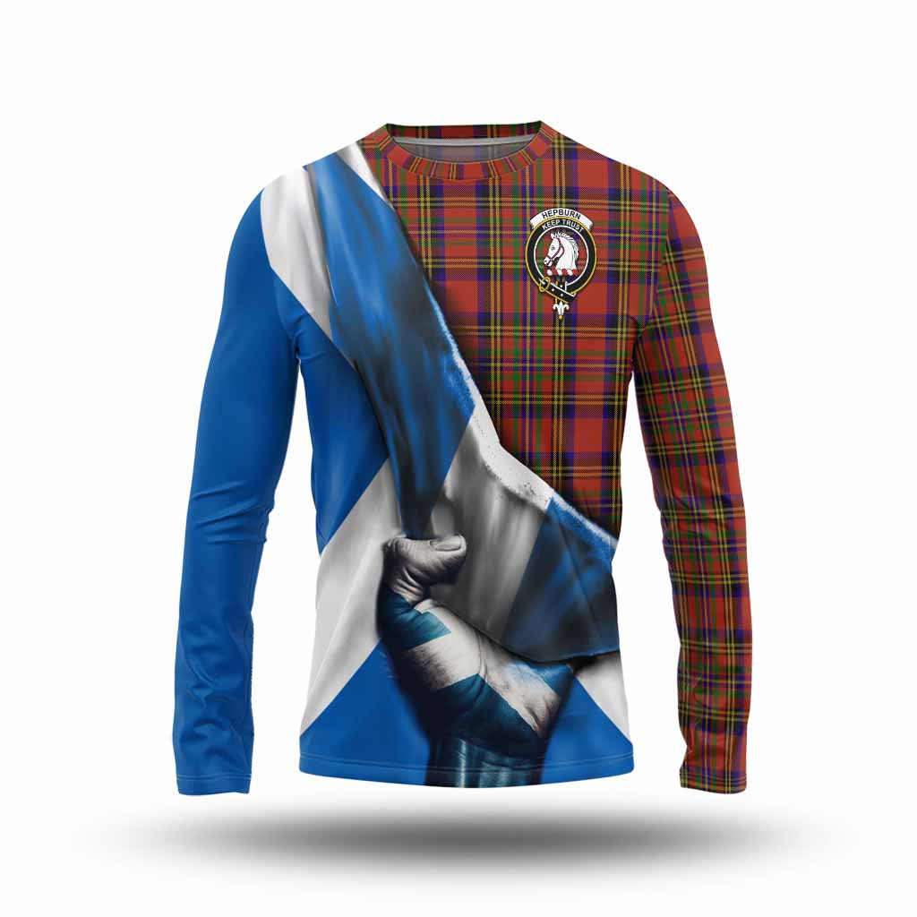 Tartan Vibes Clothing Hepburn Tartan Long Sleeve T-Shirt with Family Crest Scotland Patriotic Style