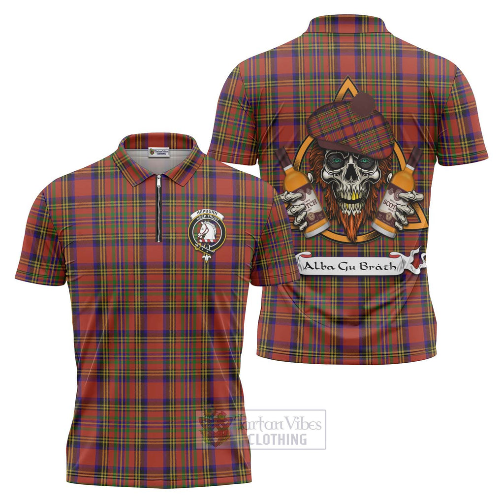 Tartan Vibes Clothing Hepburn Tartan Zipper Polo Shirt with Family Crest and Bearded Skull Holding Bottles of Whiskey