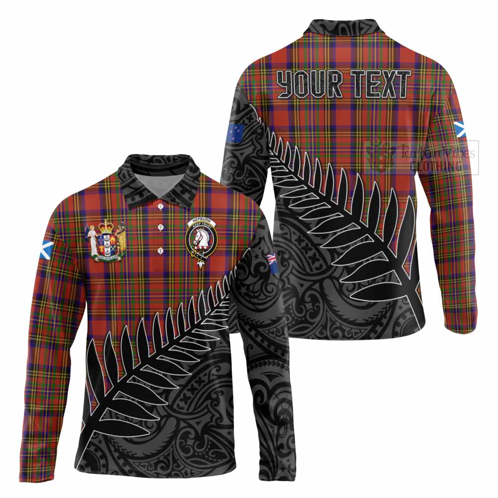 Tartan Vibes Clothing Hepburn Crest Tartan Long Sleeve Polo Shirt with New Zealand Silver Fern Half Style