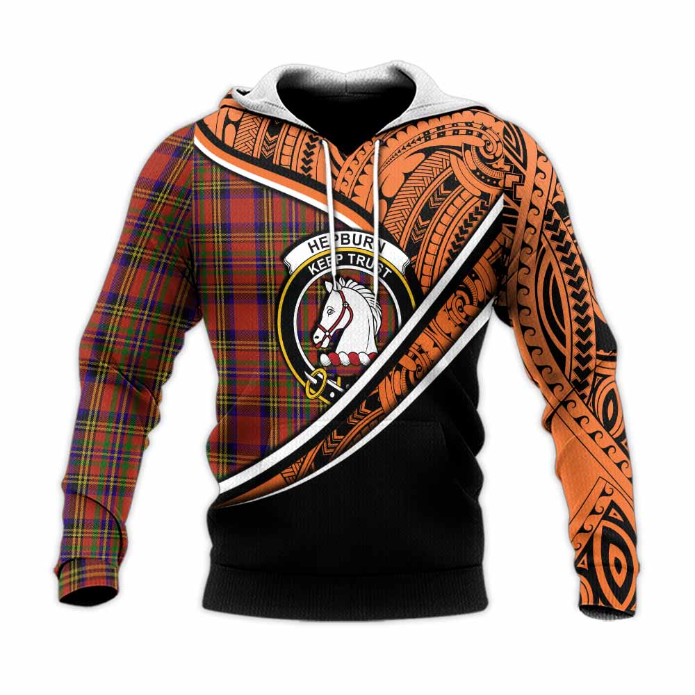 Tartan Vibes Clothing Hepburn Crest Tartan Knitted Hoodie with Maori Tattoo Style - Orange Version