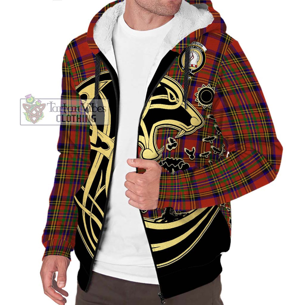 Hepburn Tartan Sherpa Hoodie with Family Crest Celtic Wolf Style Unisex S - Tartan Vibes Clothing