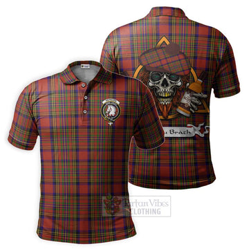 Hepburn Tartan Polo Shirt with Family Crest and Bearded Skull Holding Bottles of Whiskey