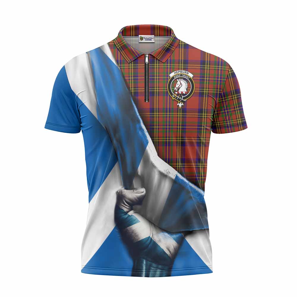 Tartan Vibes Clothing Hepburn Tartan Zipper Polo Shirt with Family Crest Scotland Patriotic Style