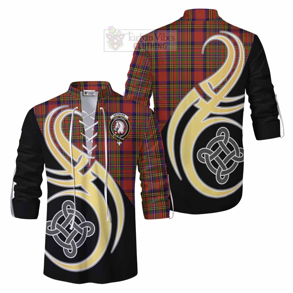 Tartan Vibes Clothing Hepburn Tartan Ghillie Kilt Shirt with Family Crest and Celtic Symbol Style