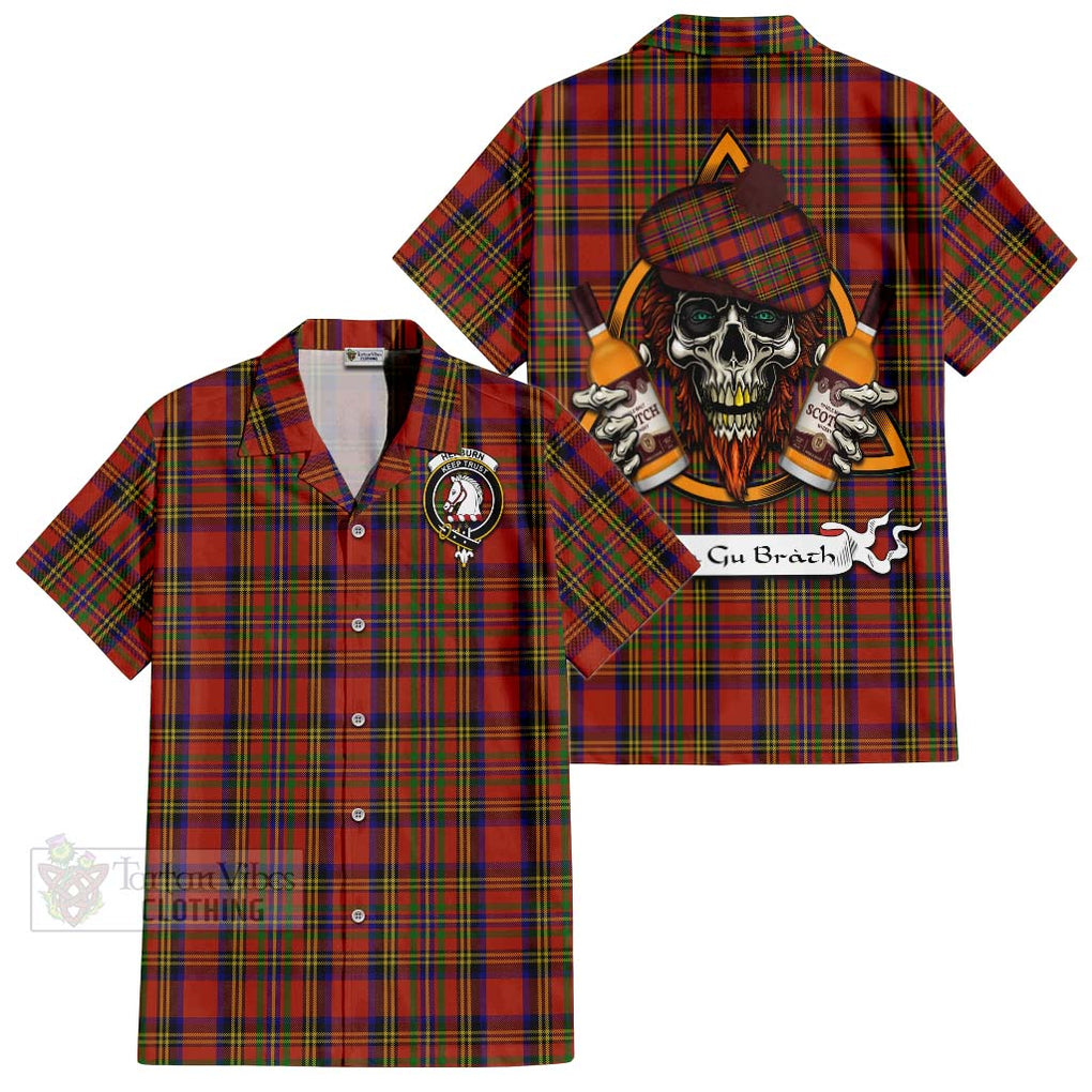 Tartan Vibes Clothing Hepburn Tartan Short Sleeve Button Shirt with Family Crest and Bearded Skull Holding Bottles of Whiskey