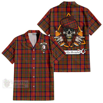 Hepburn Tartan Short Sleeve Button Shirt with Family Crest and Bearded Skull Holding Bottles of Whiskey