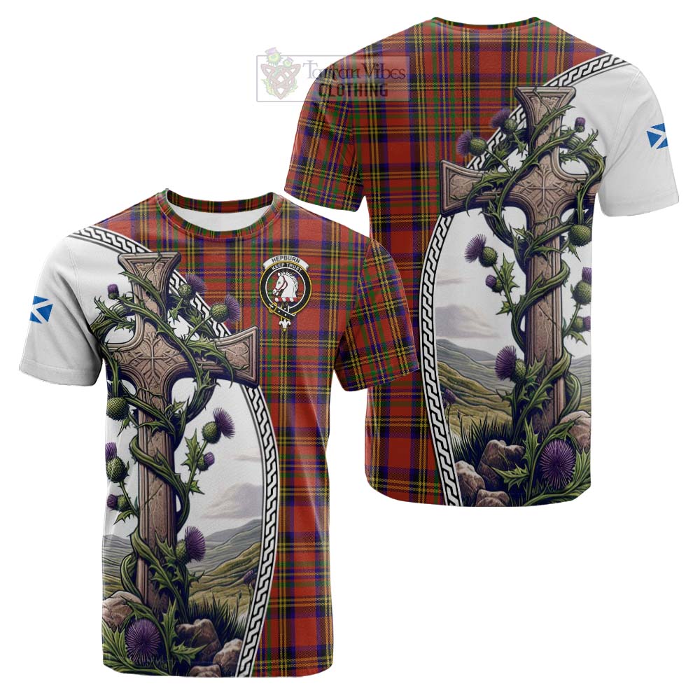 Tartan Vibes Clothing Hepburn Tartan Cotton T-shirt with Family Crest and St. Andrew's Cross Accented by Thistle Vines