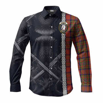 Hepburn Tartan Long Sleeve Button Shirt with Family Crest Cross Sword Thistle Celtic Vibes