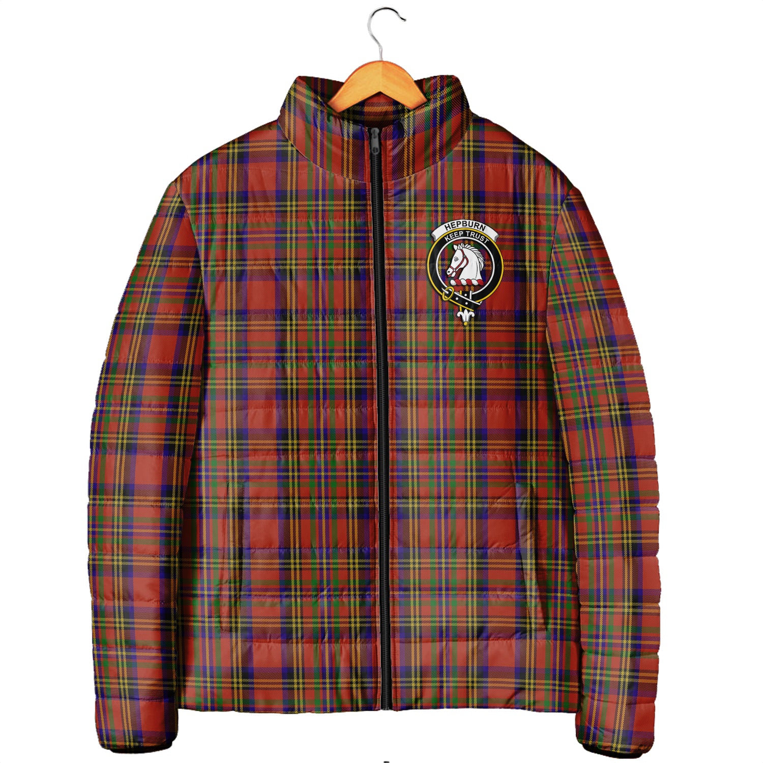 Hepburn Tartan Padded Jacket with Family Crest Men's Padded Jacket - Tartan Vibes Clothing