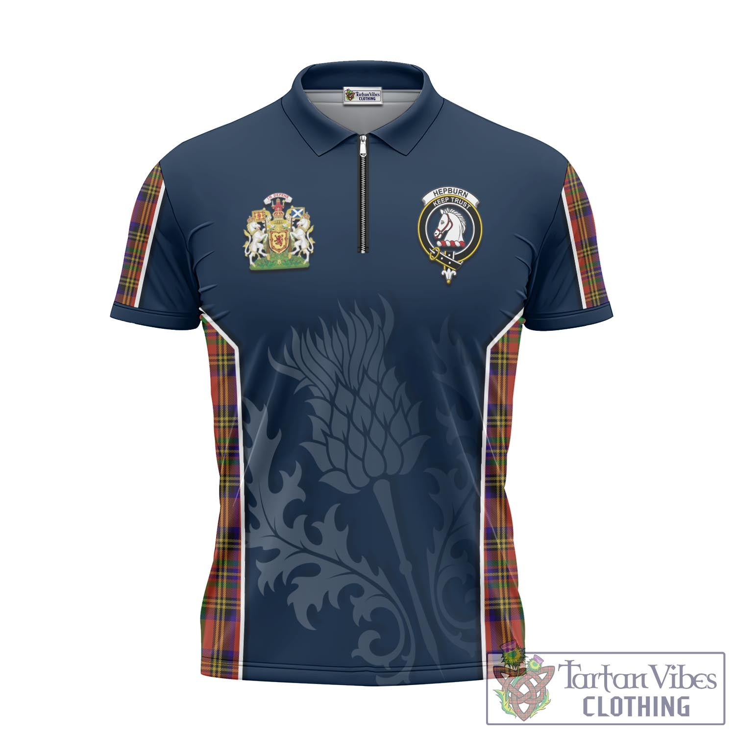 Tartan Vibes Clothing Hepburn Tartan Zipper Polo Shirt with Family Crest and Scottish Thistle Vibes Sport Style