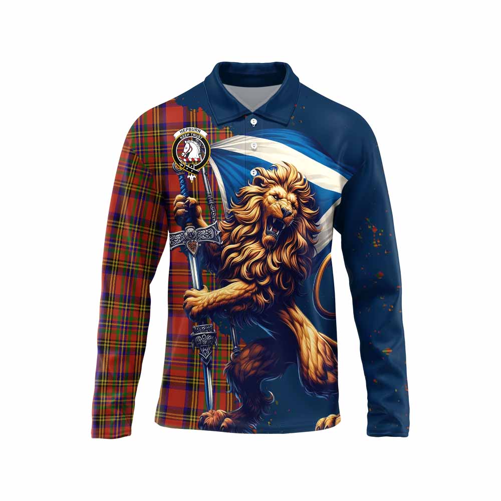 Tartan Vibes Clothing Hepburn Tartan Family Crest Long Sleeve Polo Shirt with Scottish Majestic Lion