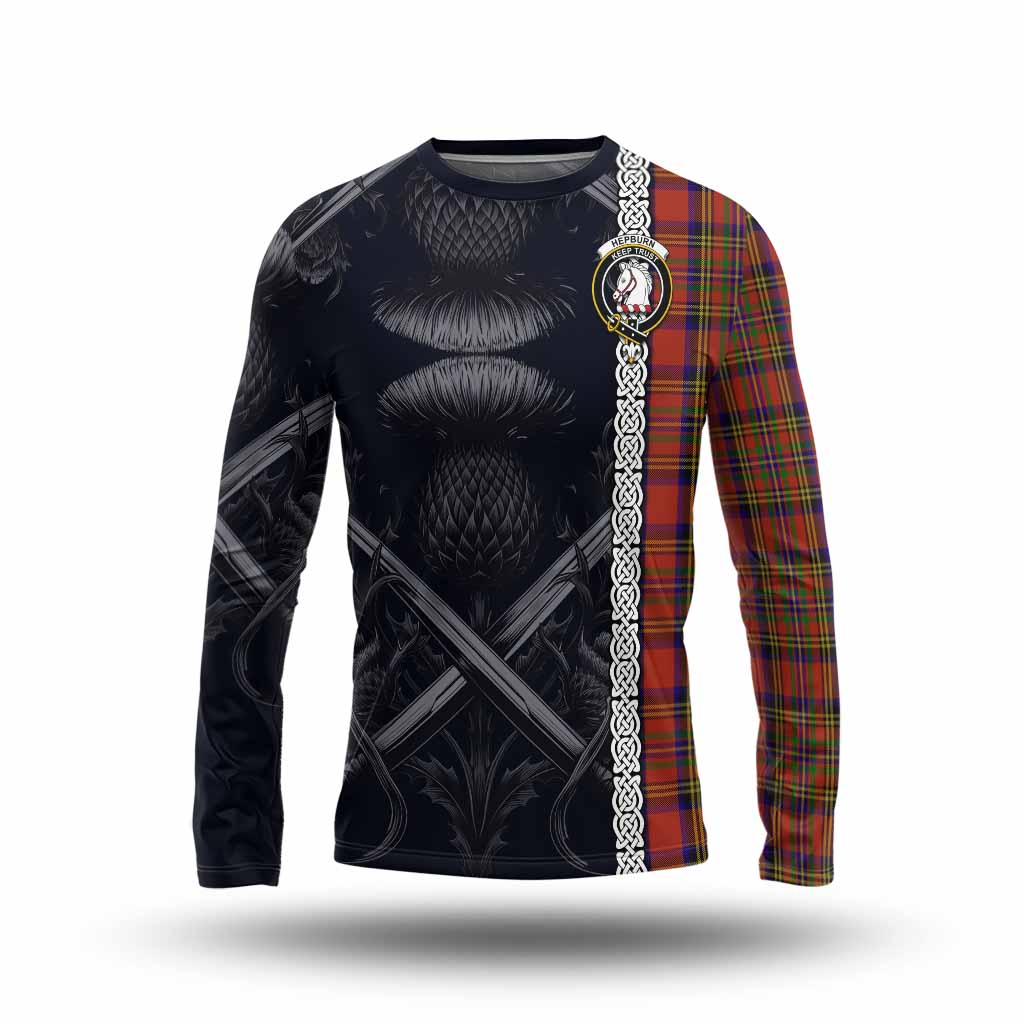 Tartan Vibes Clothing Hepburn Tartan Long Sleeve T-Shirt with Family Crest Cross Sword Thistle Celtic Vibes