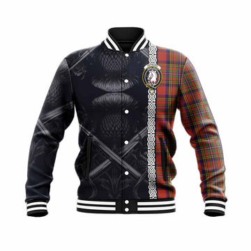 Hepburn Tartan Baseball Jacket with Family Crest Cross Sword Thistle Celtic Vibes