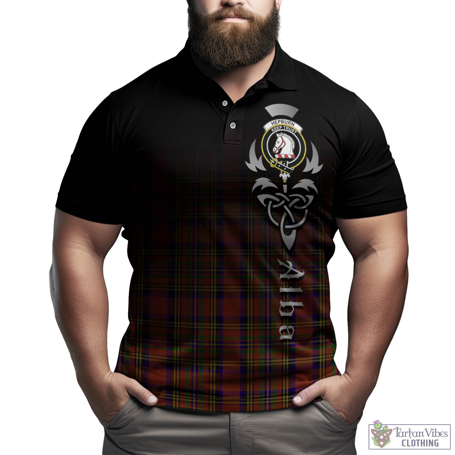 Tartan Vibes Clothing Hepburn Tartan Polo Shirt Featuring Alba Gu Brath Family Crest Celtic Inspired