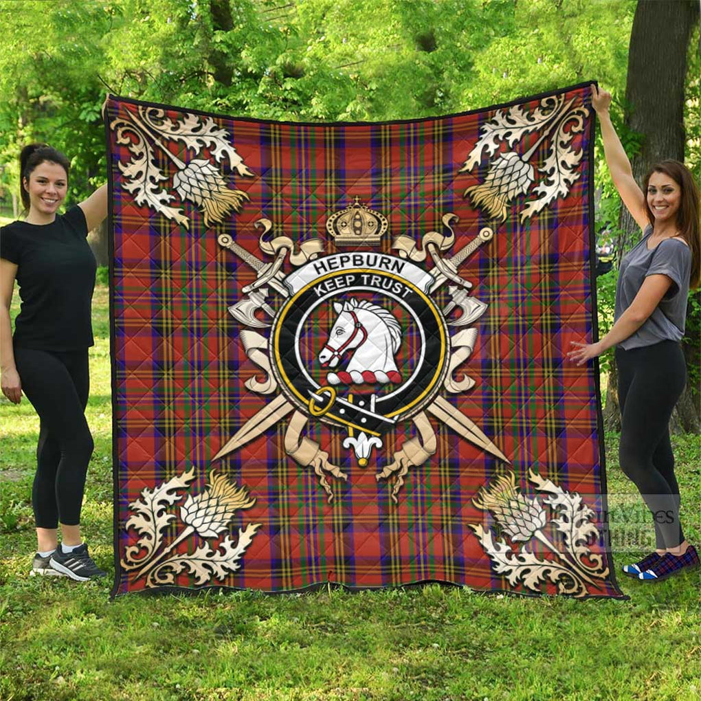 Tartan Vibes Clothing Hepburn Tartan Quilt with Family Crest and Scottish Golden Courage Shield