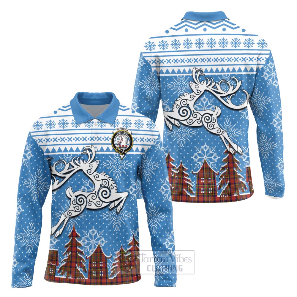 Tartan Vibes Clothing Hepburn Clan Christmas Long Sleeve Polo Shirt Celtic Reindeer Style