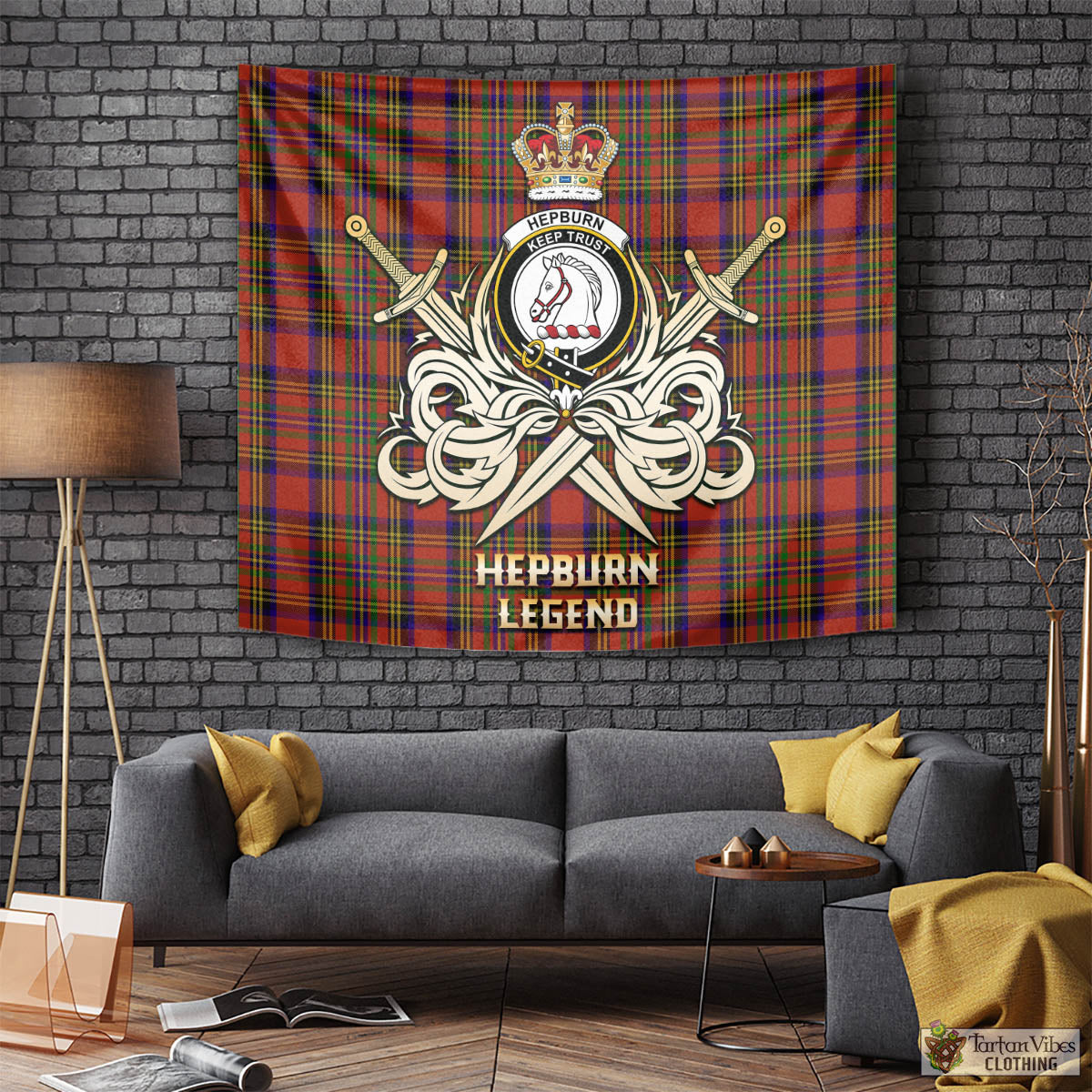 Tartan Vibes Clothing Hepburn Tartan Tapestry with Clan Crest and the Golden Sword of Courageous Legacy