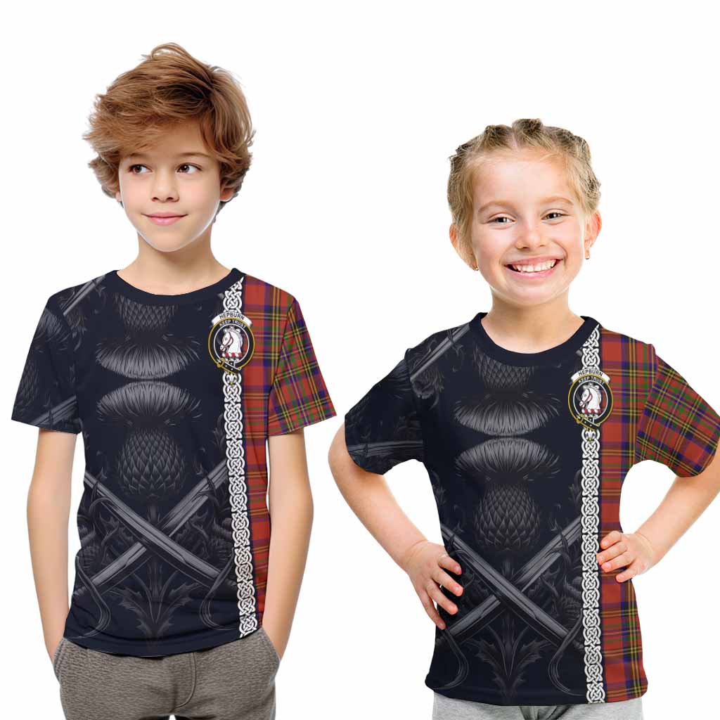 Tartan Vibes Clothing Hepburn Tartan Kid T-Shirt with Family Crest Cross Sword Thistle Celtic Vibes