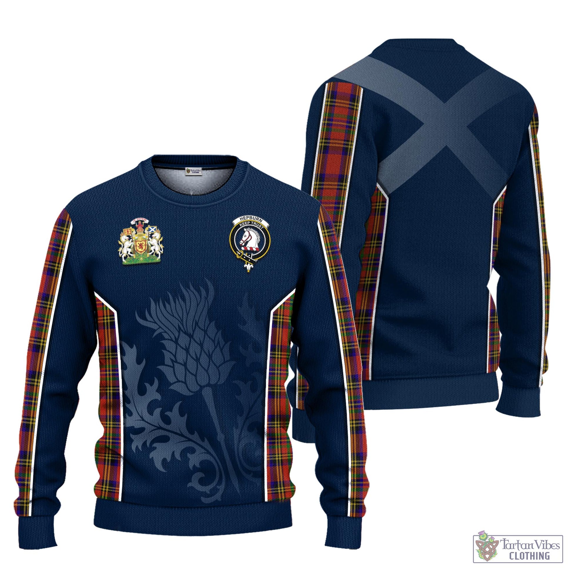 Tartan Vibes Clothing Hepburn Tartan Knitted Sweatshirt with Family Crest and Scottish Thistle Vibes Sport Style