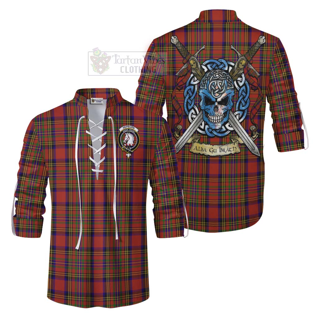 Tartan Vibes Clothing Hepburn Tartan Ghillie Kilt Shirt with Family Crest Celtic Skull Style