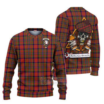 Hepburn Tartan Ugly Sweater with Family Crest and Bearded Skull Holding Bottles of Whiskey