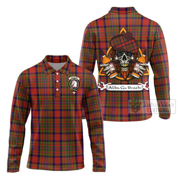 Hepburn Tartan Long Sleeve Polo Shirt with Family Crest and Bearded Skull Holding Bottles of Whiskey Unisex - Tartan Vibes Clothing