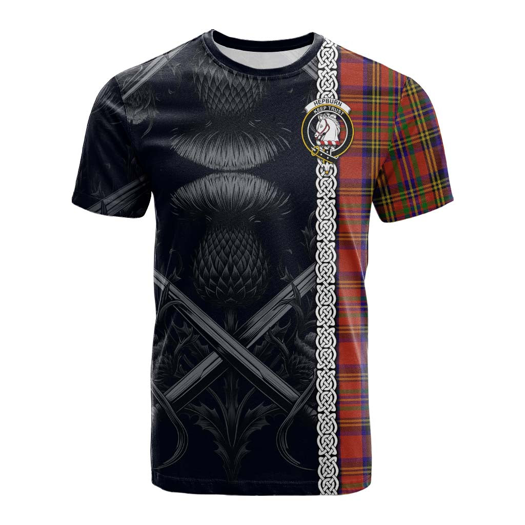 Tartan Vibes Clothing Hepburn Tartan Cotton T-shirt with Family Crest Cross Sword Thistle Celtic Vibes