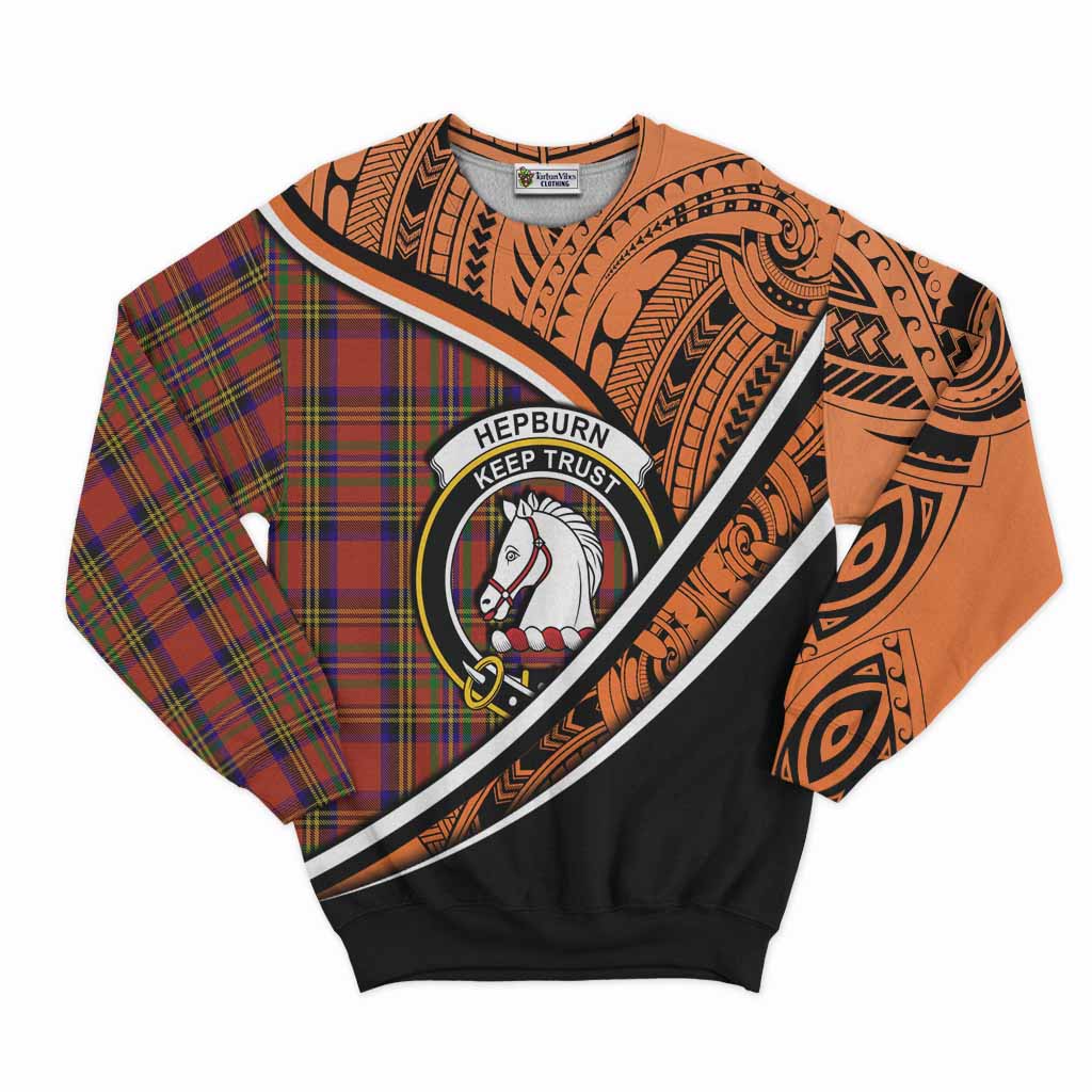 Tartan Vibes Clothing Hepburn Crest Tartan Sweatshirt with Maori Tattoo Style - Orange Version