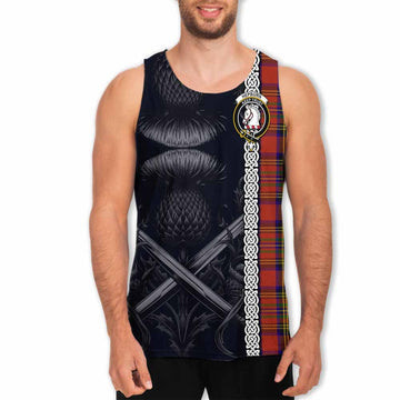 Hepburn Tartan Men's Tank Top with Family Crest Cross Sword Thistle Celtic Vibes