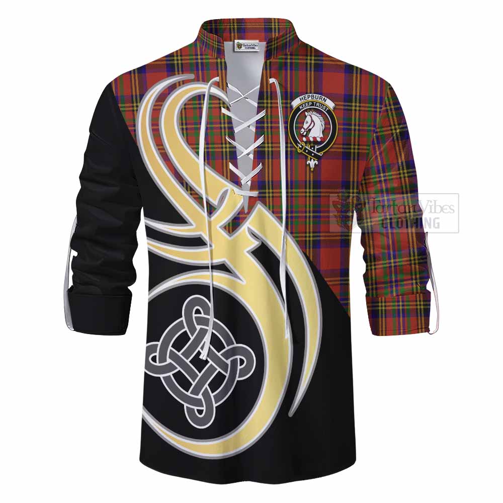 Tartan Vibes Clothing Hepburn Tartan Ghillie Kilt Shirt with Family Crest and Celtic Symbol Style