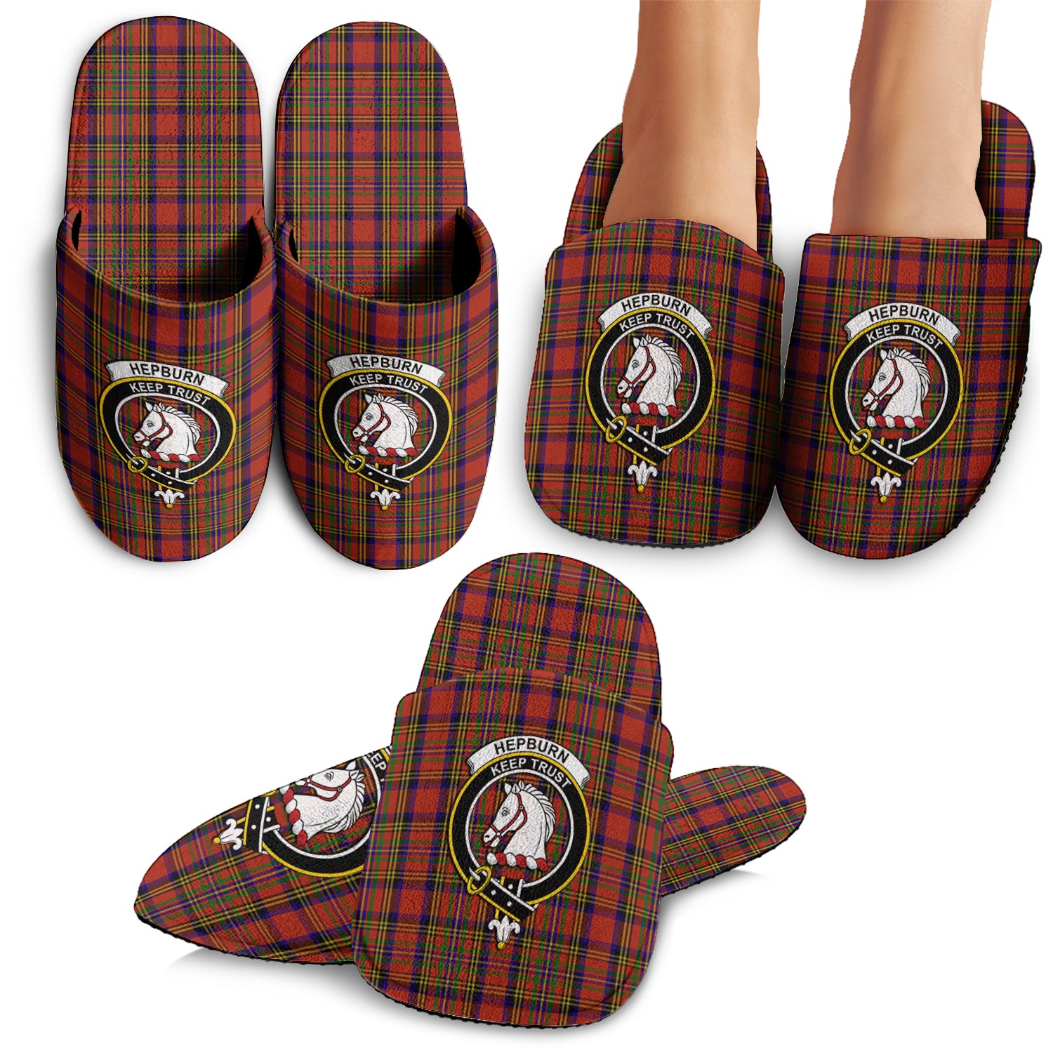 Hepburn Tartan Home Slippers with Family Crest - Tartanvibesclothing