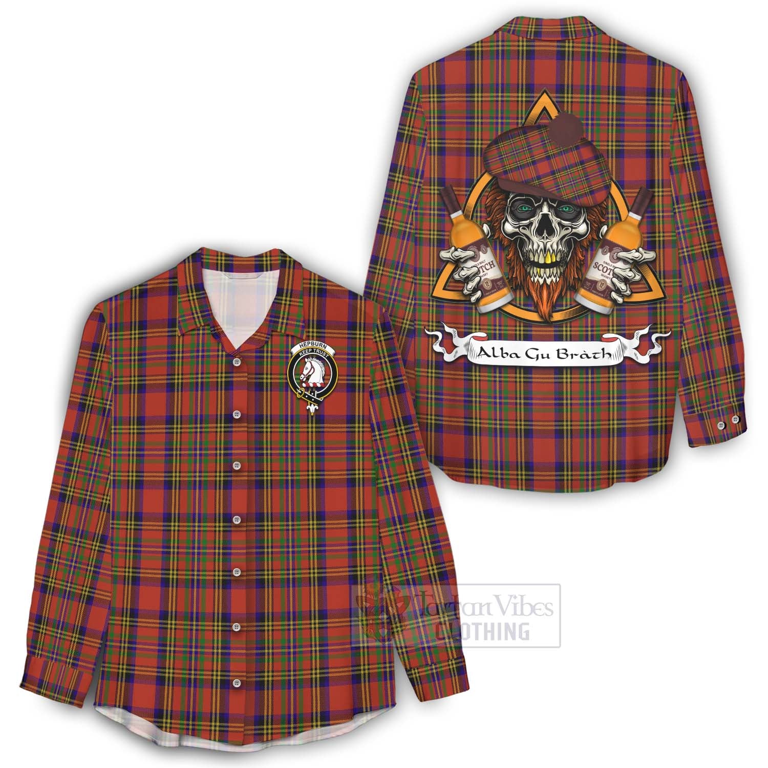 Tartan Vibes Clothing Hepburn Tartan Women's Casual Shirt with Family Crest and Bearded Skull Holding Bottles of Whiskey