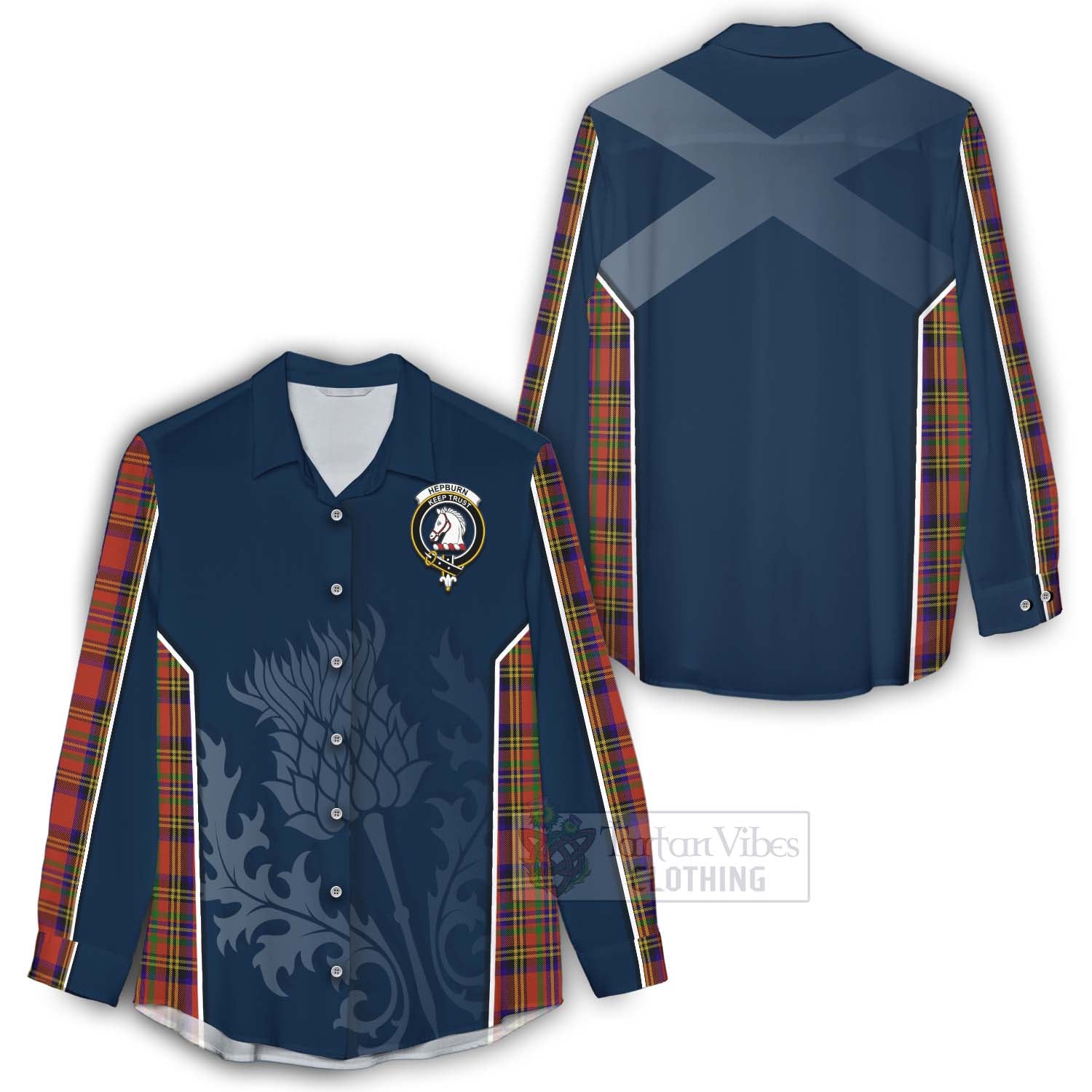 Tartan Vibes Clothing Hepburn Tartan Women's Casual Shirt with Family Crest and Scottish Thistle Vibes Sport Style