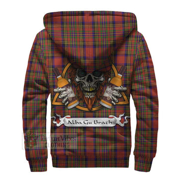 Hepburn Tartan Sherpa Hoodie with Family Crest and Bearded Skull Holding Bottles of Whiskey