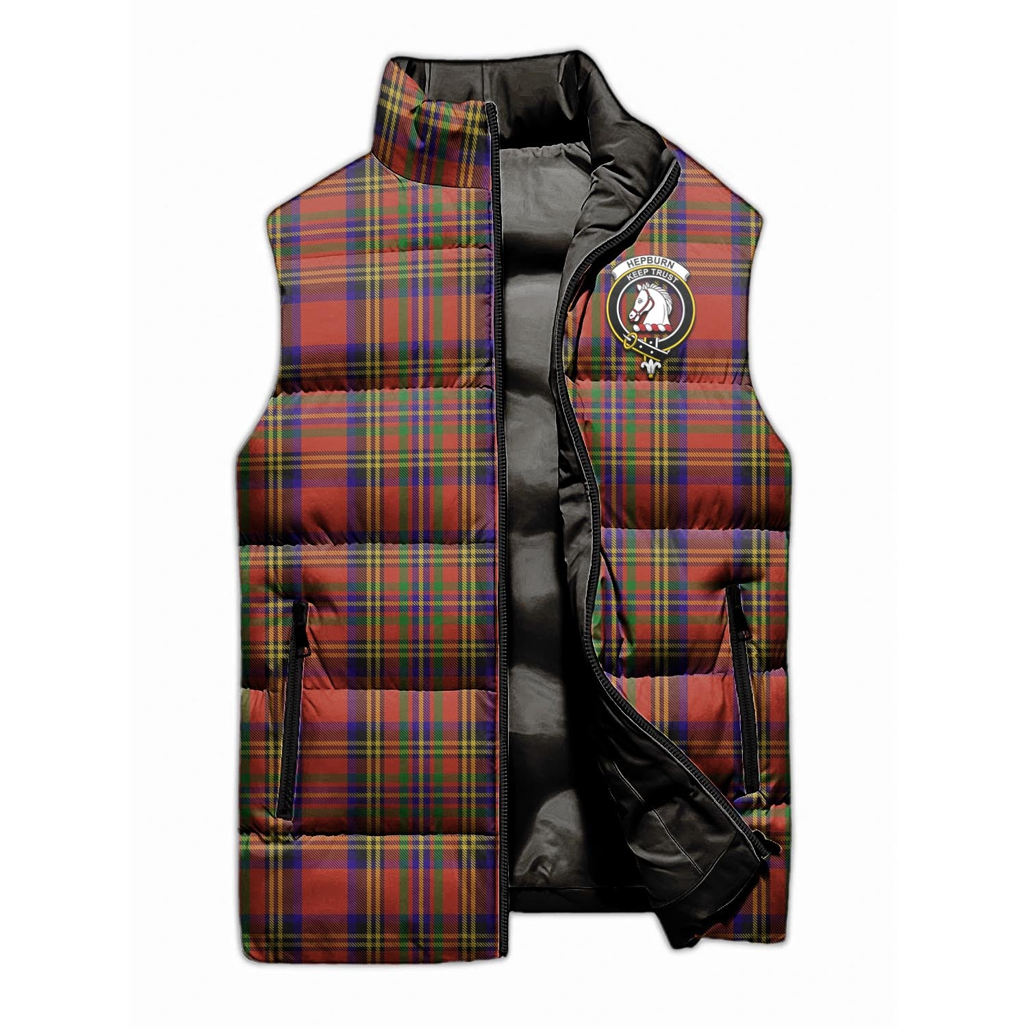 Hepburn Tartan Sleeveless Puffer Jacket with Family Crest - Tartanvibesclothing