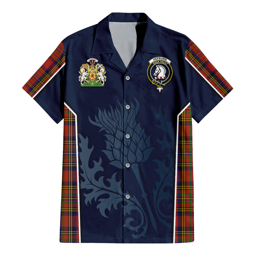 Tartan Vibes Clothing Hepburn Tartan Short Sleeve Button Up Shirt with Family Crest and Scottish Thistle Vibes Sport Style