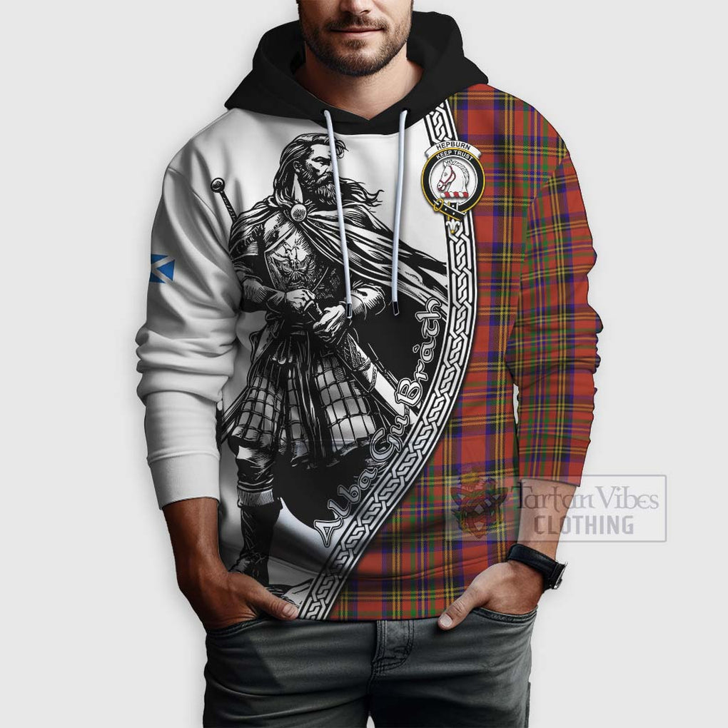 Tartan Vibes Clothing Hepburn Tartan Clan Crest Hoodie with Highlander Warrior Celtic Style